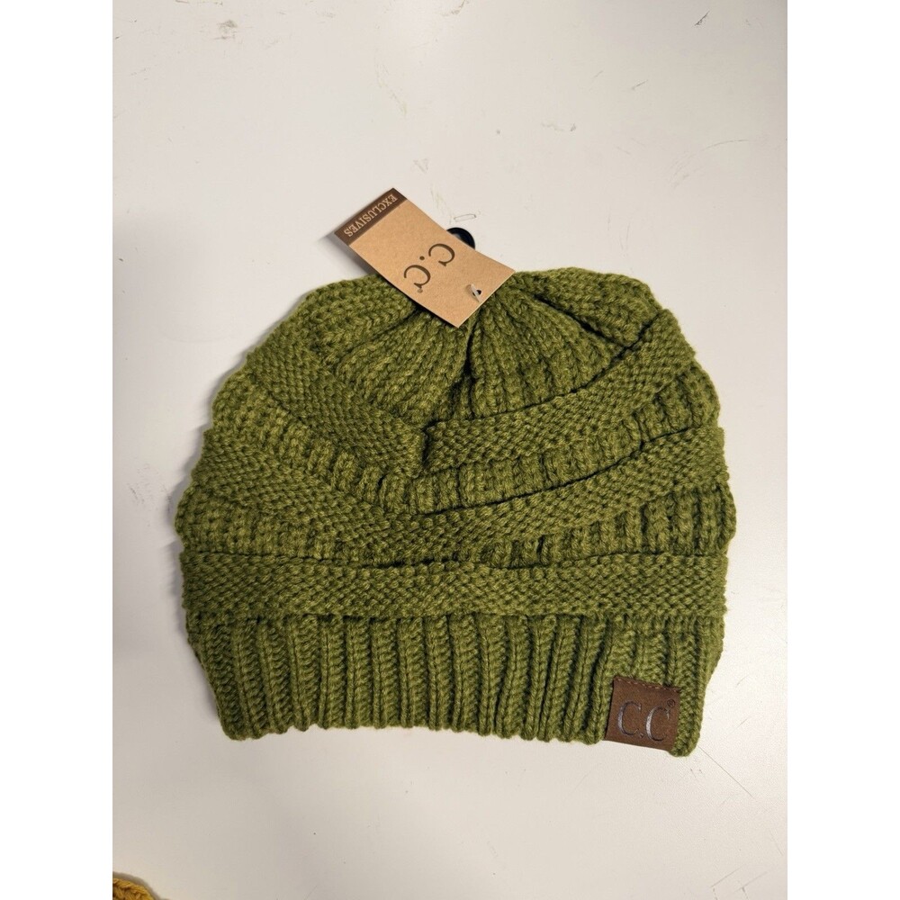 Cable Knit Beanie. C.C. Exclusives Warm Thick, Olive Green. Winter Cap Hat